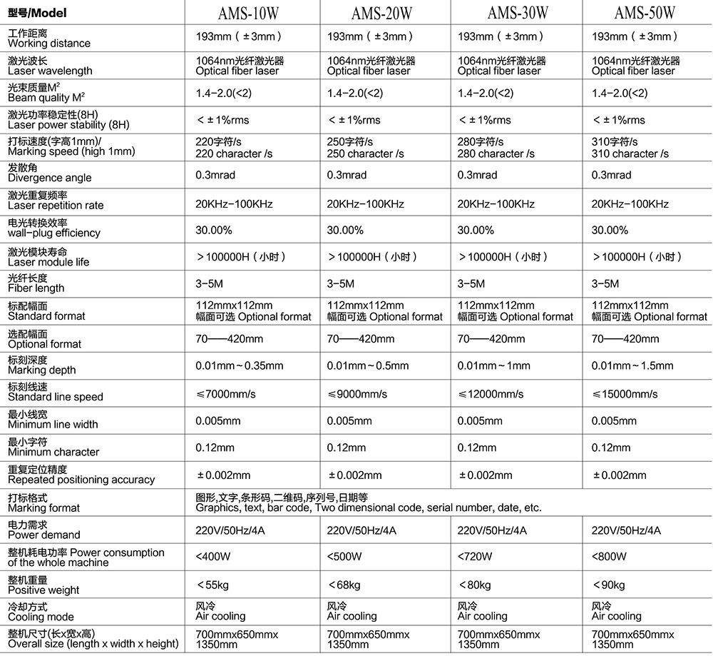 AMS optical fiber laser marking machine parameters